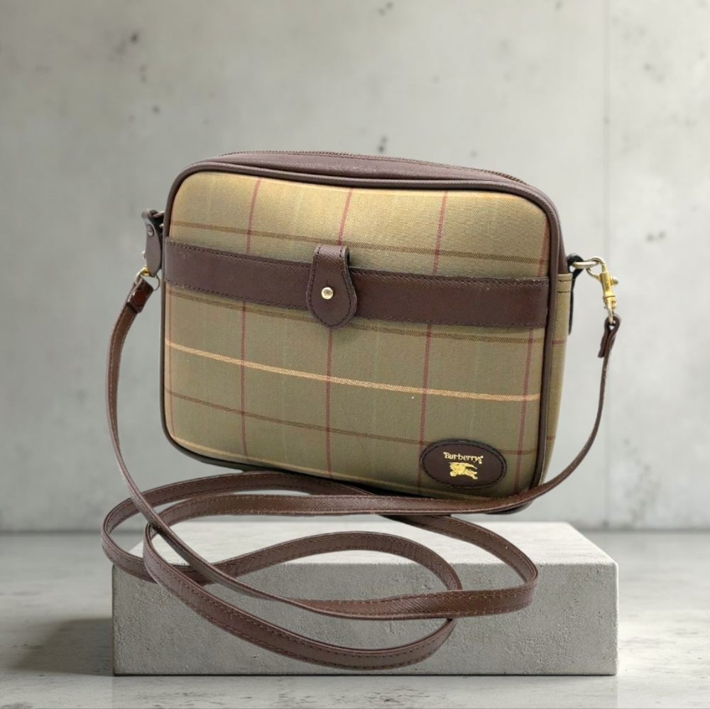 Burberrys Vintage Beige and Brown Checkered Crossbody Bag